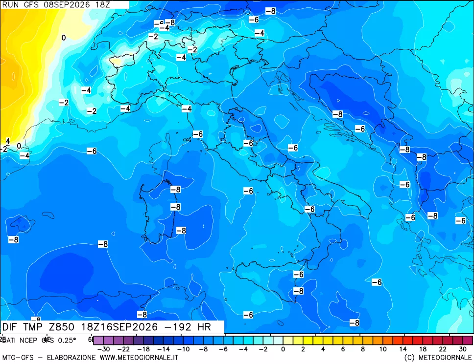 mappa Dif. Temp a 850 hPa Valid - Init