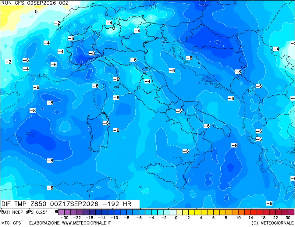 mappa Dif. Temp a 850 hPa Valid - Init