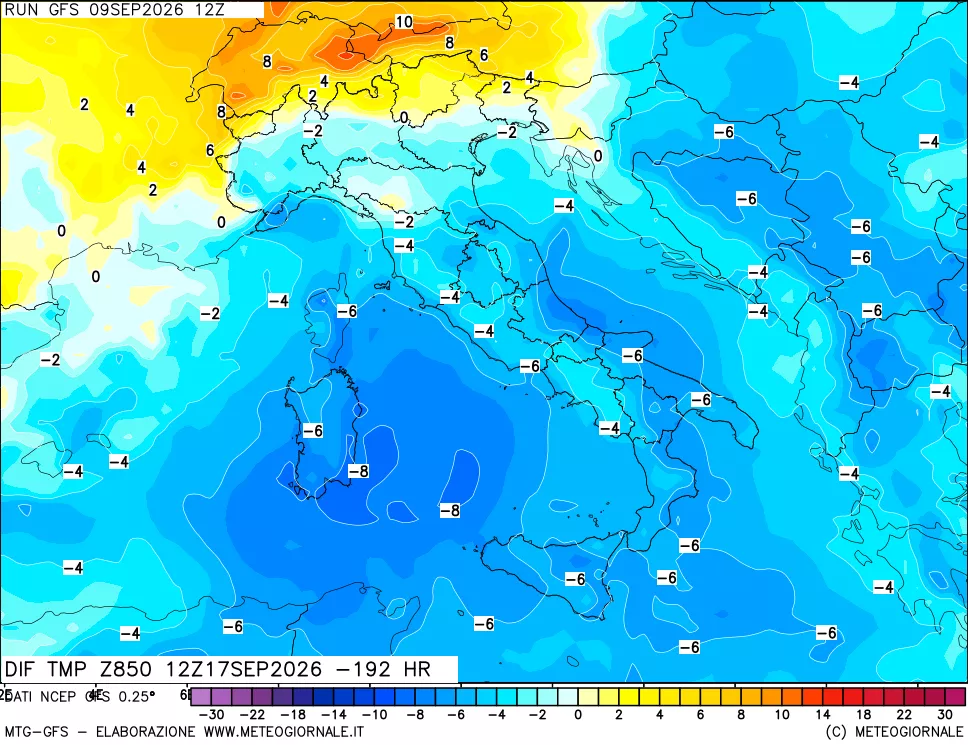 mappa Dif. Temp a 850 hPa Valid - Init