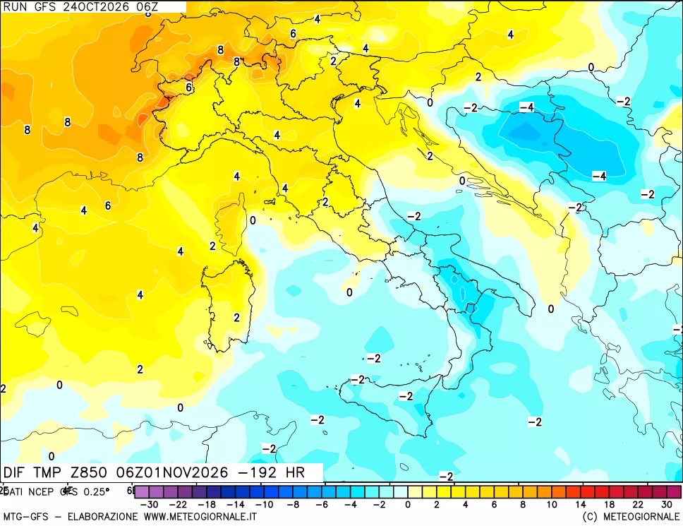mappa Dif. Temp a 850 hPa Valid - Init