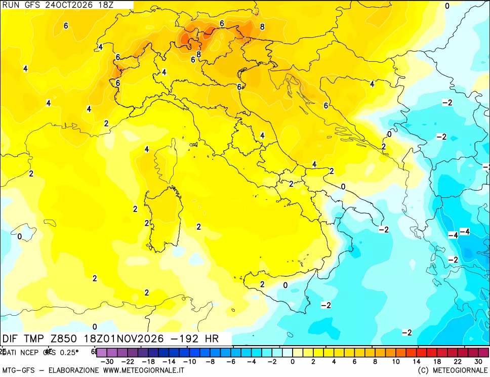 mappa Dif. Temp a 850 hPa Valid - Init