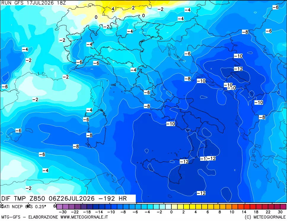 mappa Dif. Temp a 850 hPa Valid - Init