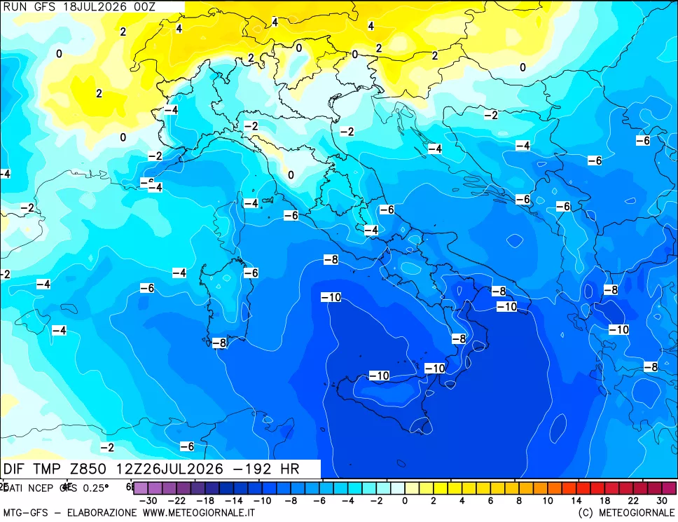 mappa Dif. Temp a 850 hPa Valid - Init