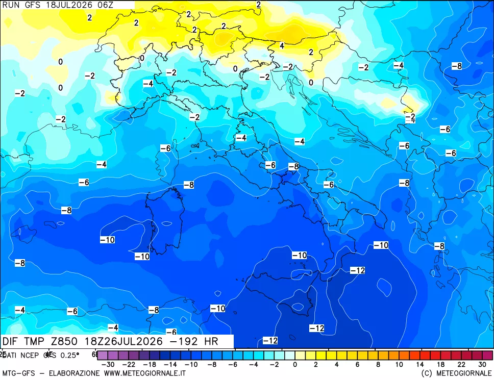 mappa Dif. Temp a 850 hPa Valid - Init