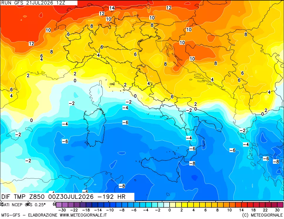 mappa Dif. Temp a 850 hPa Valid - Init