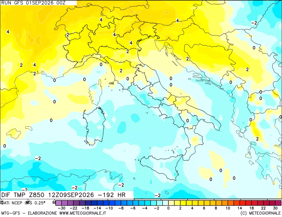 mappa Dif. Temp a 850 hPa Valid - Init
