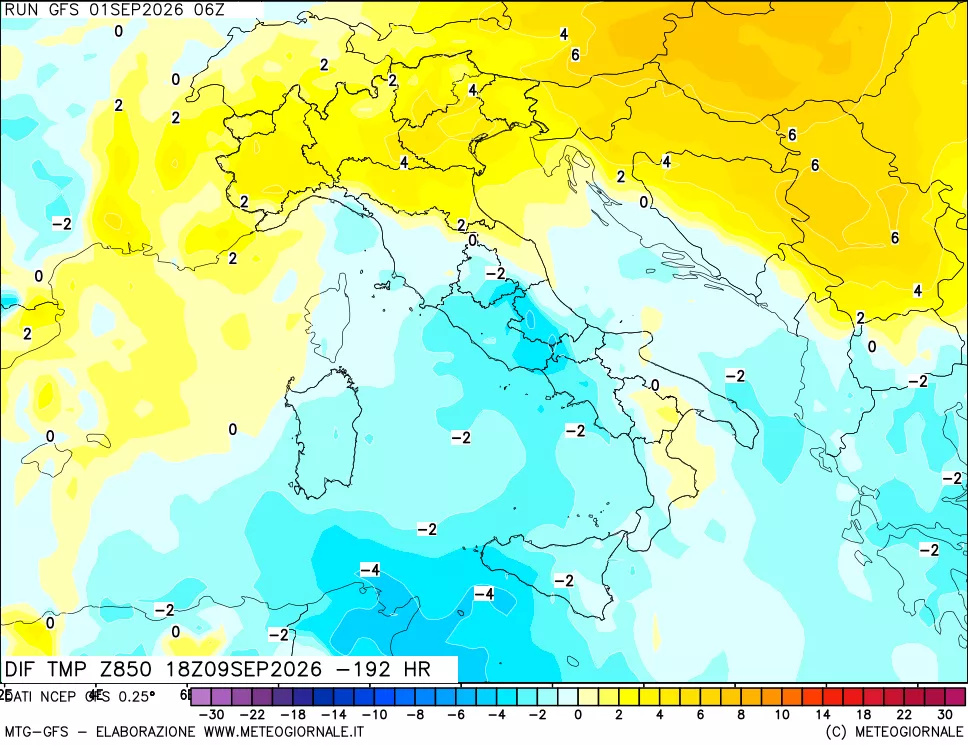 mappa Dif. Temp a 850 hPa Valid - Init