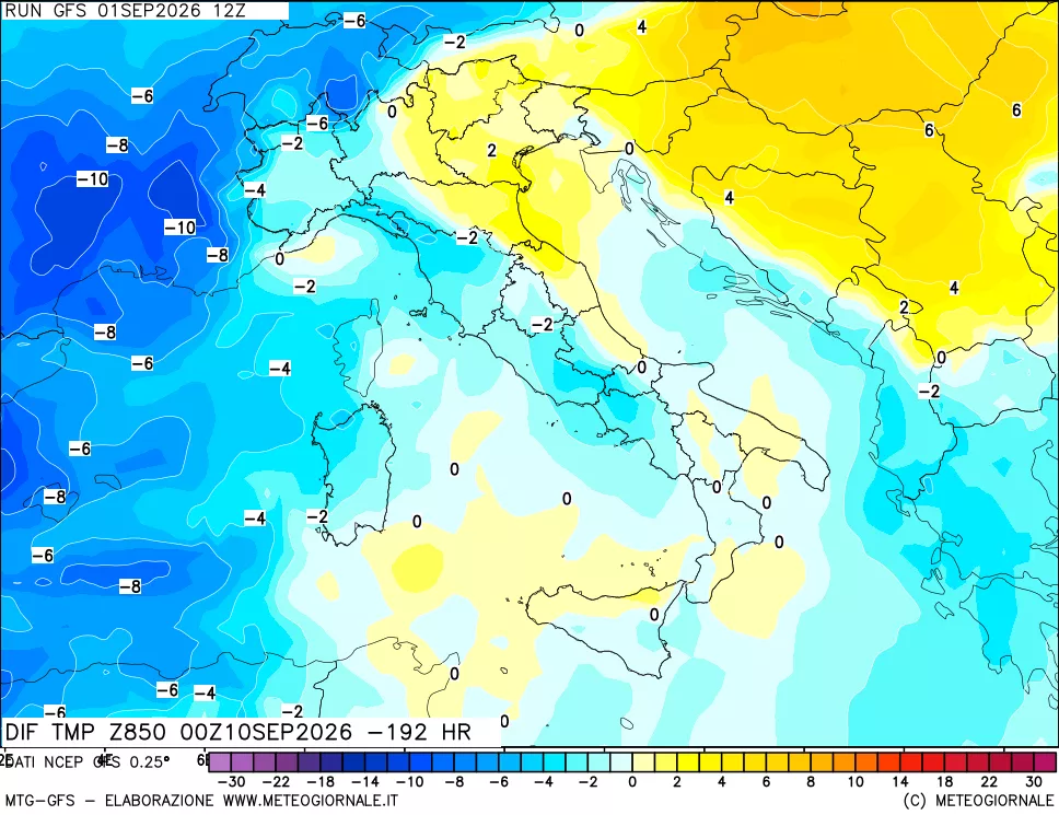 mappa Dif. Temp a 850 hPa Valid - Init