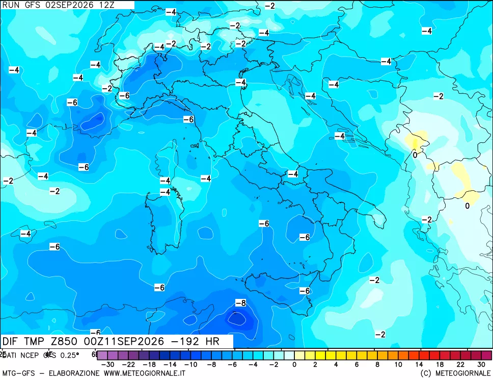 mappa Dif. Temp a 850 hPa Valid - Init