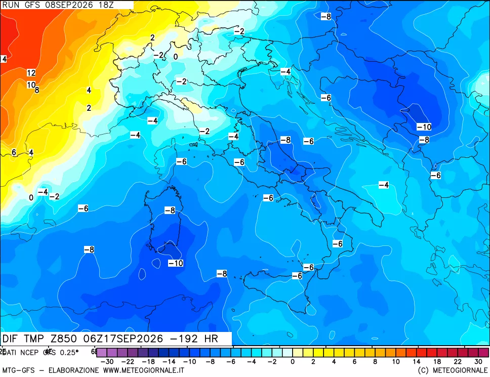 mappa Dif. Temp a 850 hPa Valid - Init