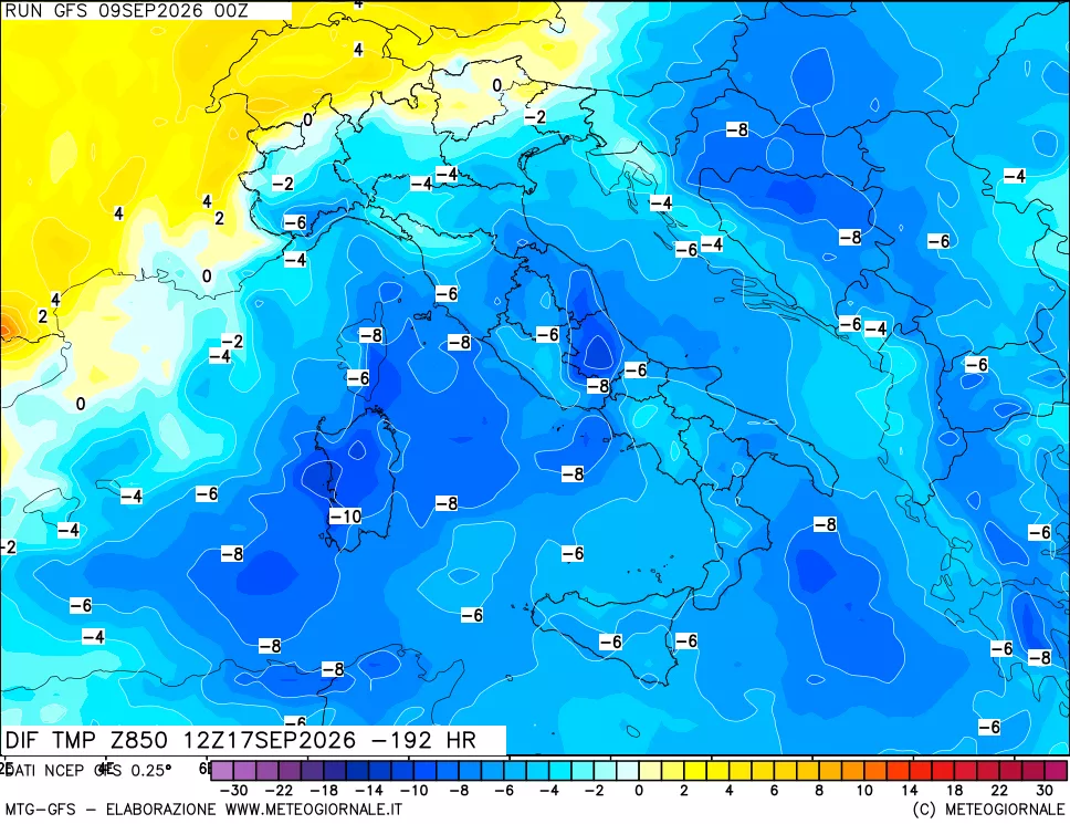 mappa Dif. Temp a 850 hPa Valid - Init