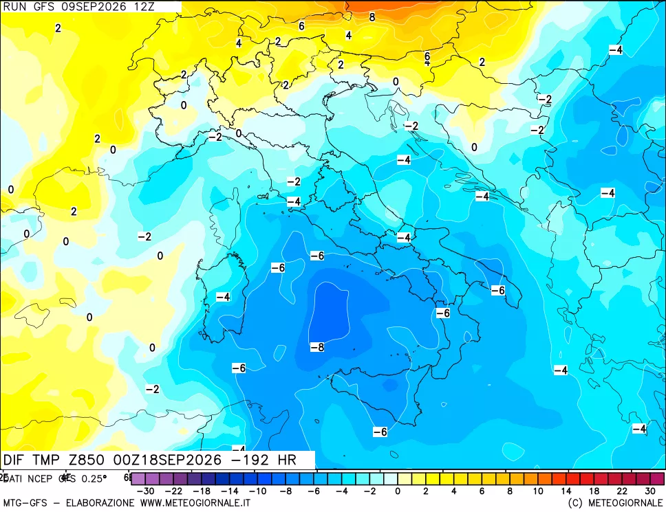 mappa Dif. Temp a 850 hPa Valid - Init