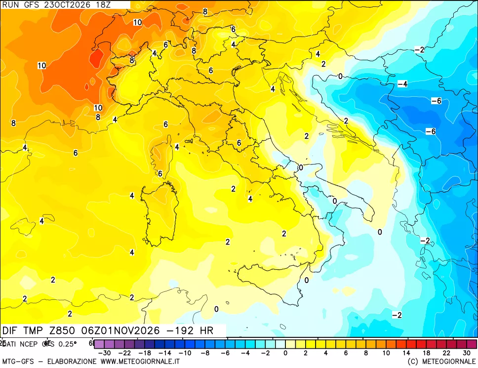 mappa Dif. Temp a 850 hPa Valid - Init