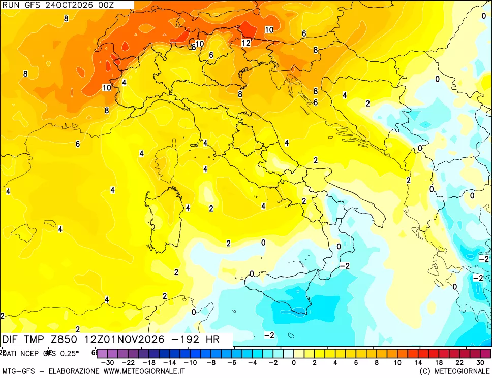 mappa Dif. Temp a 850 hPa Valid - Init