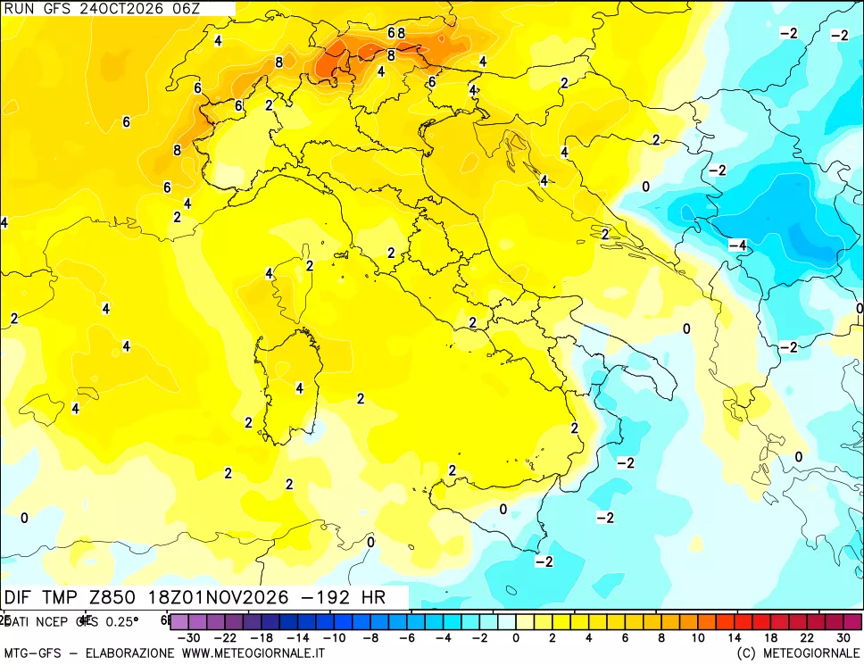 mappa Dif. Temp a 850 hPa Valid - Init
