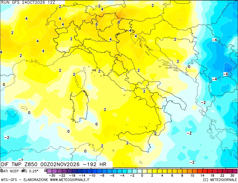 mappa Dif. Temp a 850 hPa Valid - Init