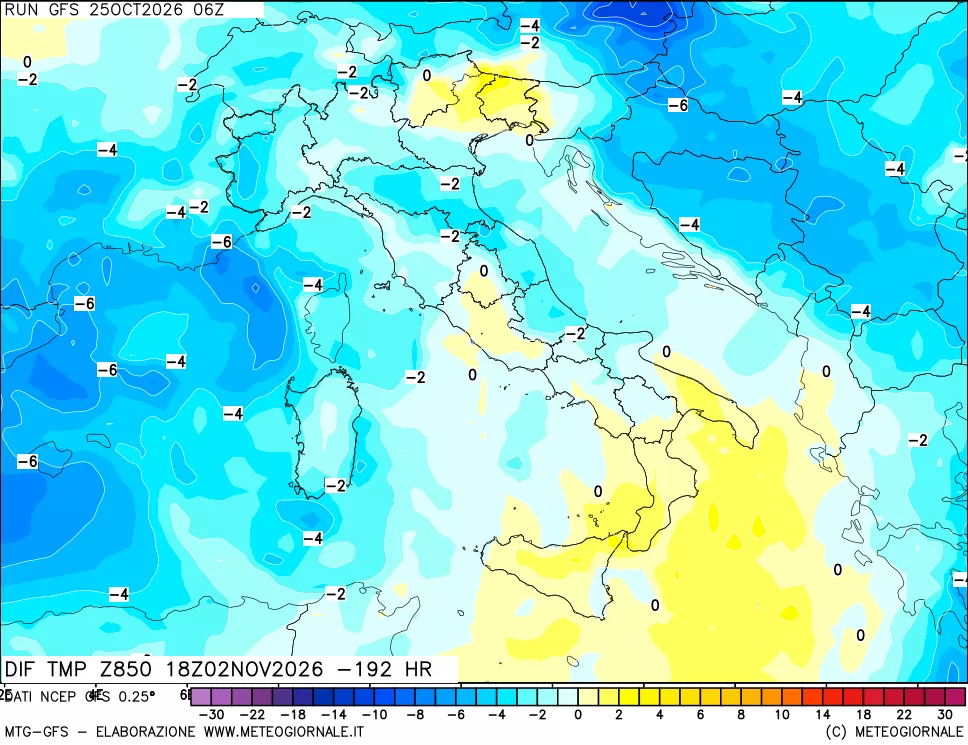 mappa Dif. Temp a 850 hPa Valid - Init