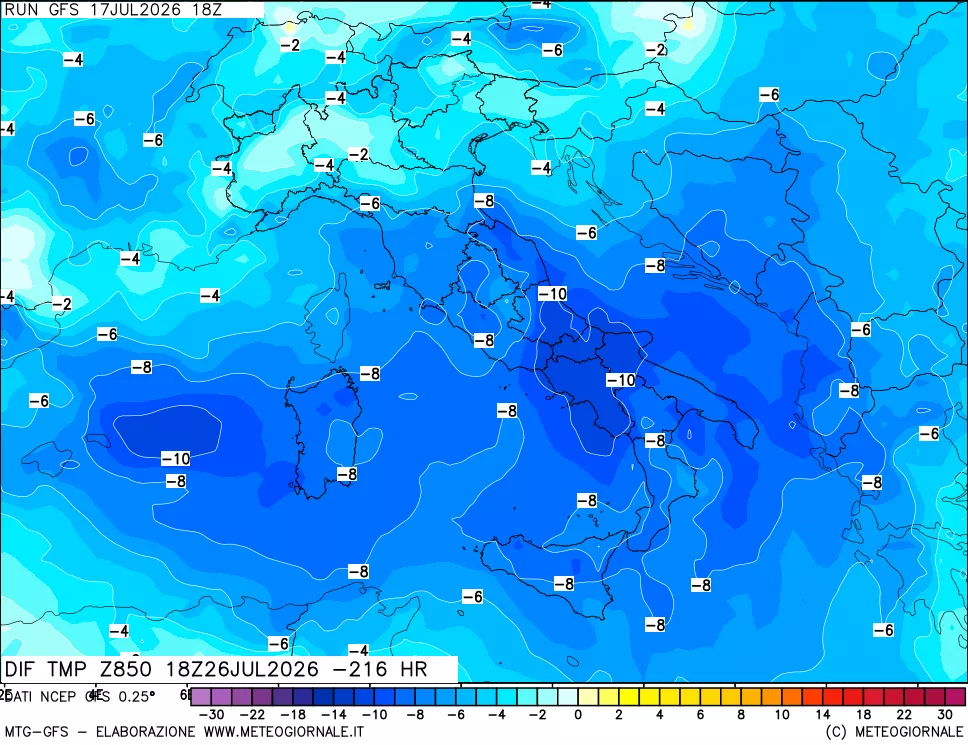mappa Dif. Temp a 850 hPa Valid - Init