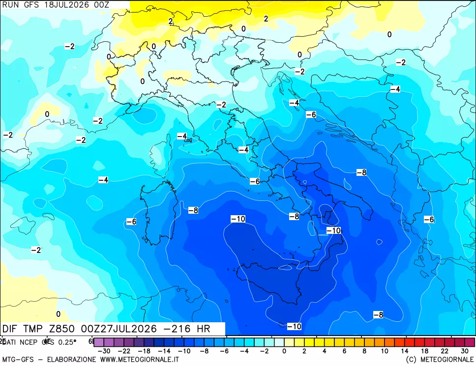 mappa Dif. Temp a 850 hPa Valid - Init
