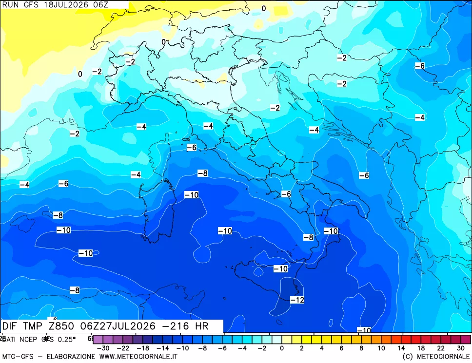 mappa Dif. Temp a 850 hPa Valid - Init