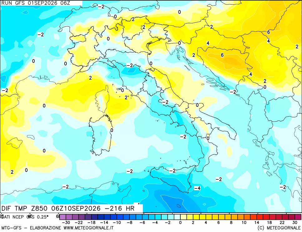mappa Dif. Temp a 850 hPa Valid - Init