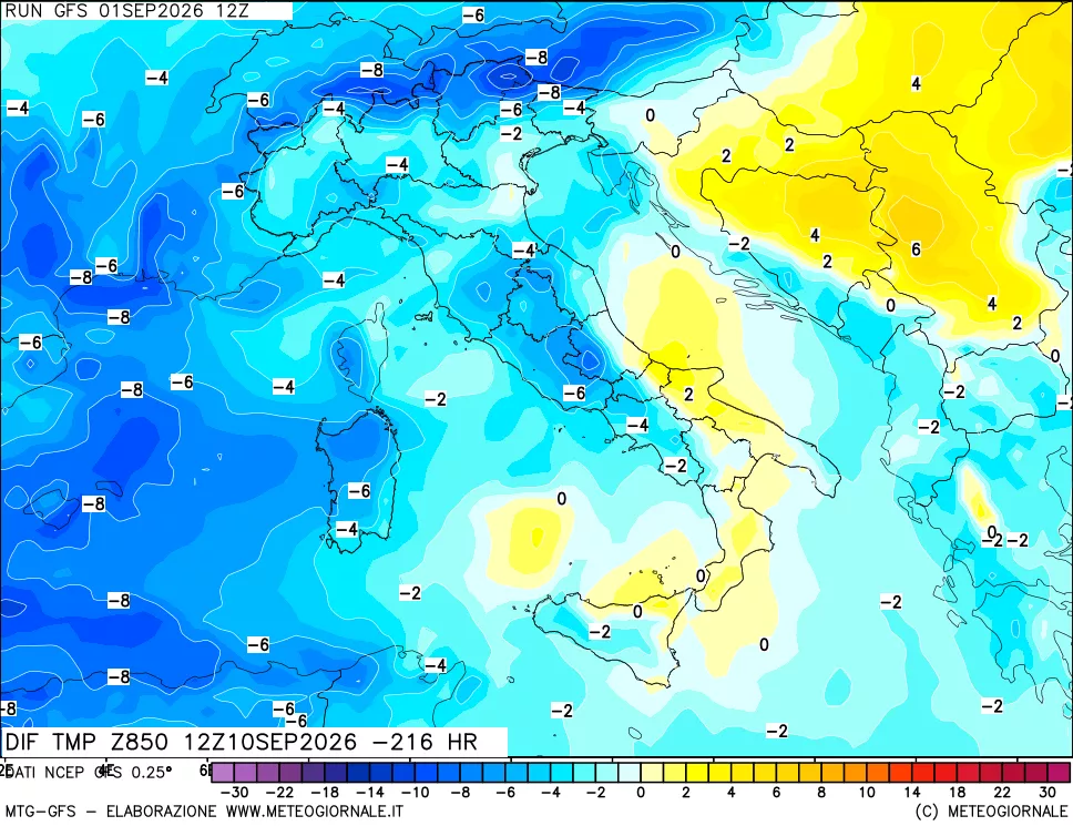 mappa Dif. Temp a 850 hPa Valid - Init