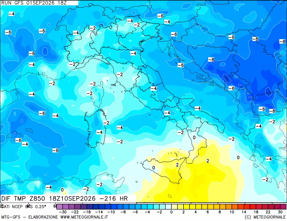 mappa Dif. Temp a 850 hPa Valid - Init