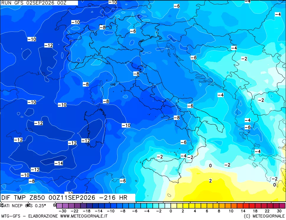 mappa Dif. Temp a 850 hPa Valid - Init