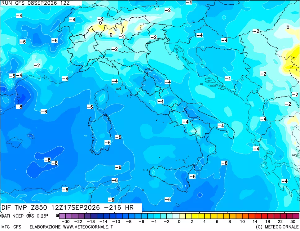 mappa Dif. Temp a 850 hPa Valid - Init