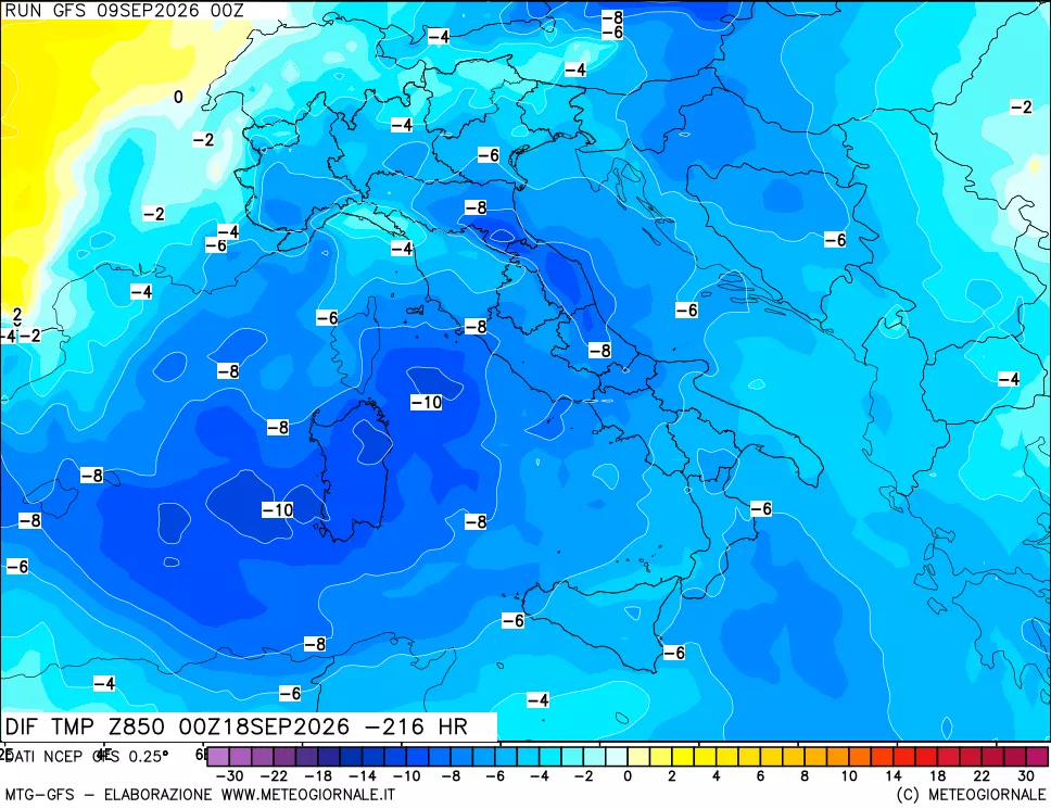 mappa Dif. Temp a 850 hPa Valid - Init