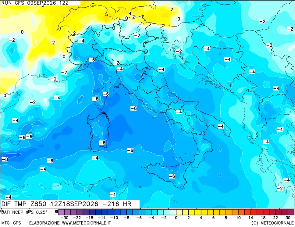 mappa Dif. Temp a 850 hPa Valid - Init