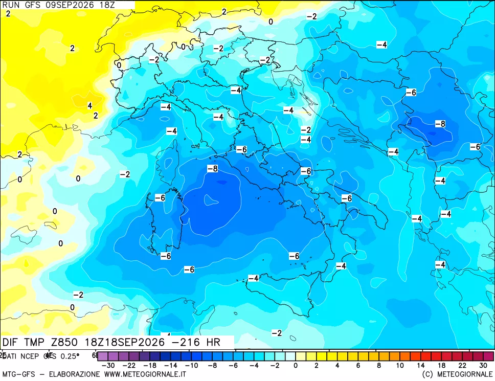 mappa Dif. Temp a 850 hPa Valid - Init