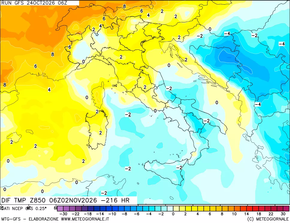 mappa Dif. Temp a 850 hPa Valid - Init