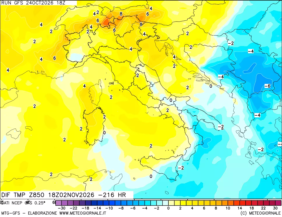 mappa Dif. Temp a 850 hPa Valid - Init