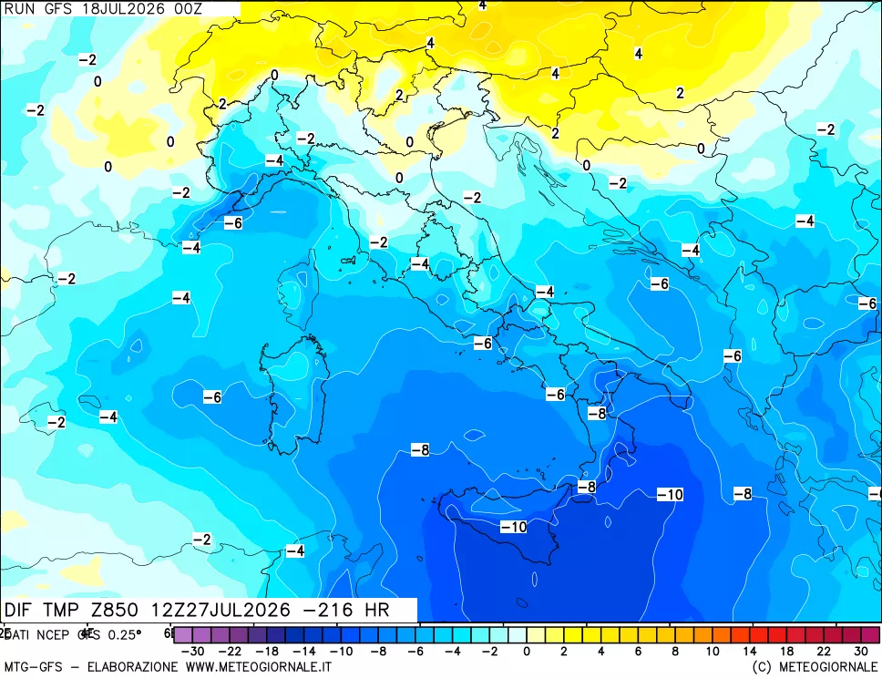 mappa Dif. Temp a 850 hPa Valid - Init