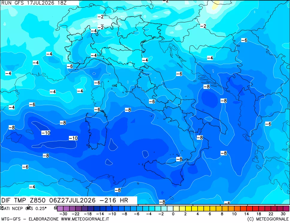mappa Dif. Temp a 850 hPa Valid - Init