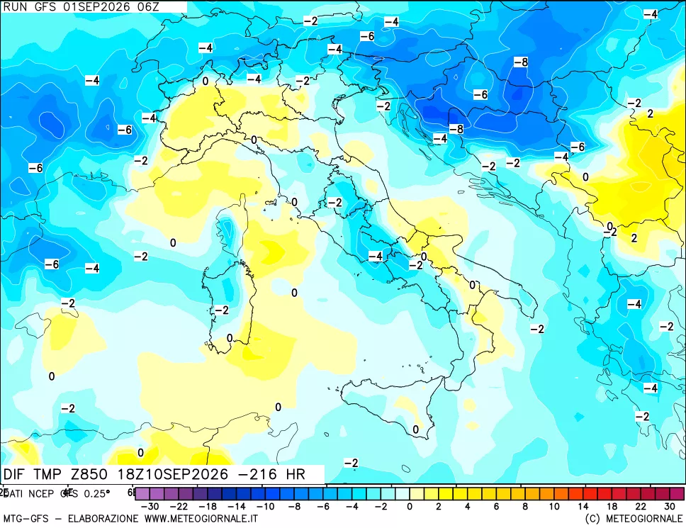 mappa Dif. Temp a 850 hPa Valid - Init