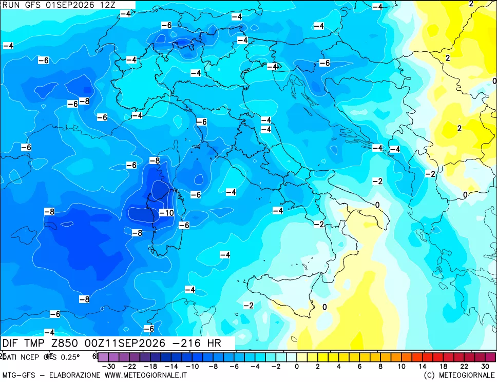 mappa Dif. Temp a 850 hPa Valid - Init