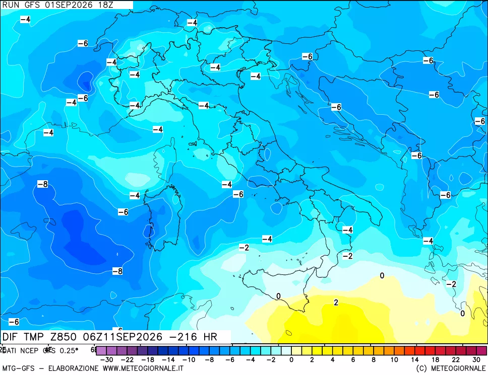 mappa Dif. Temp a 850 hPa Valid - Init