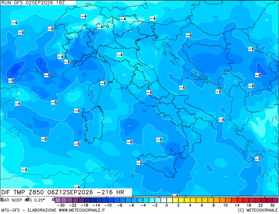 mappa Dif. Temp a 850 hPa Valid - Init