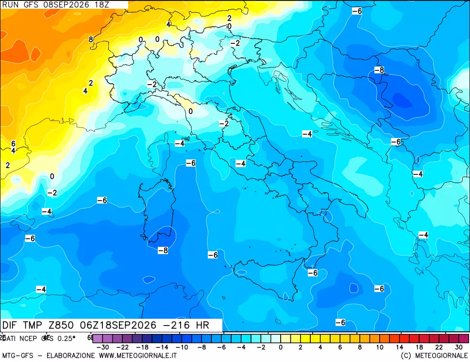 mappa Dif. Temp a 850 hPa Valid - Init