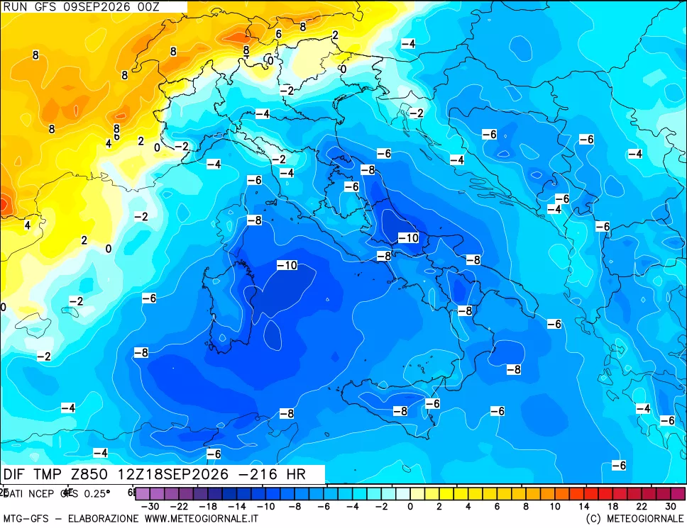 mappa Dif. Temp a 850 hPa Valid - Init