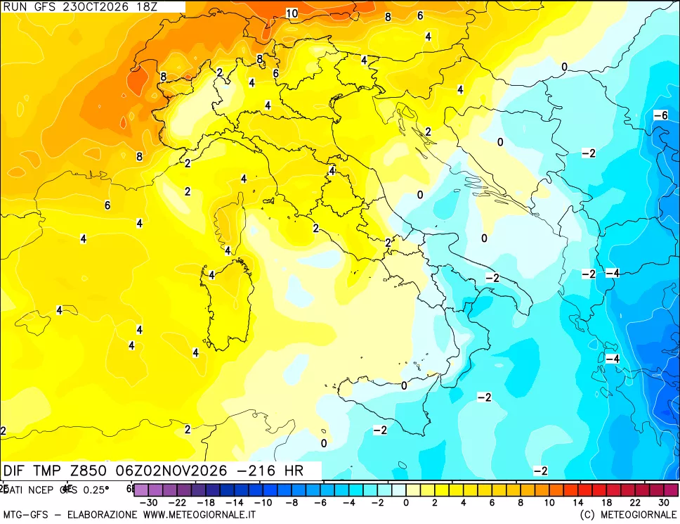 mappa Dif. Temp a 850 hPa Valid - Init