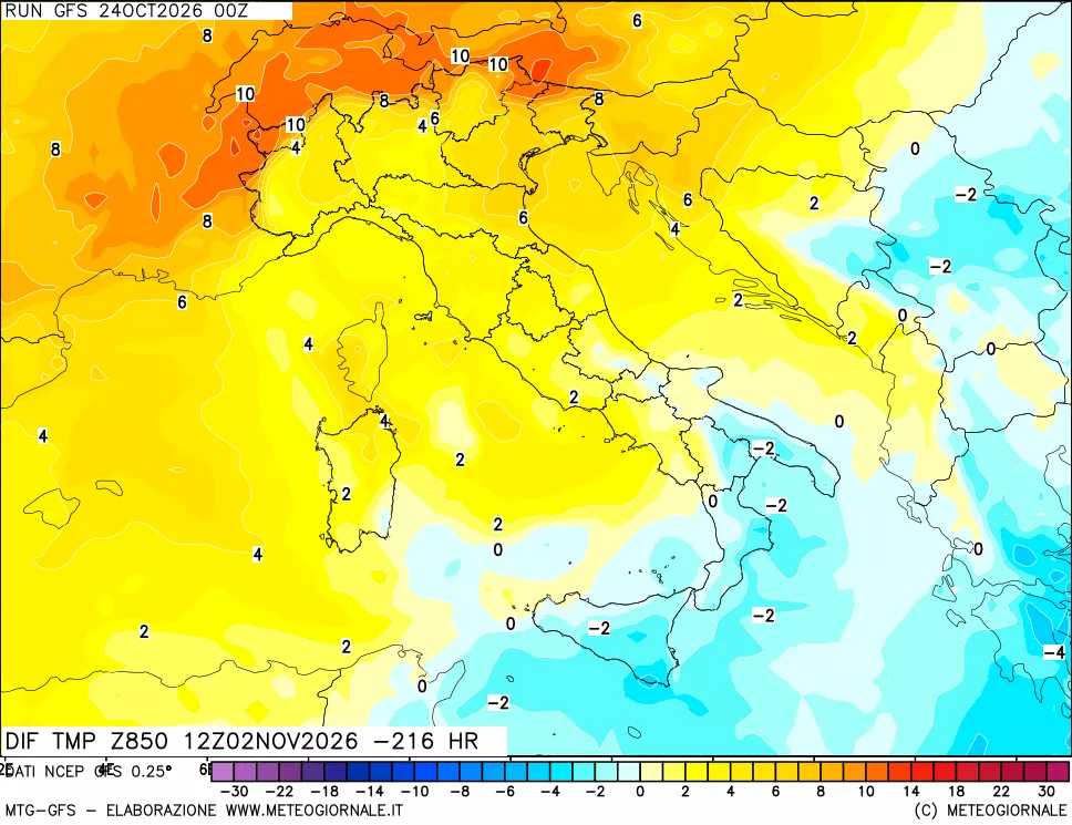 mappa Dif. Temp a 850 hPa Valid - Init