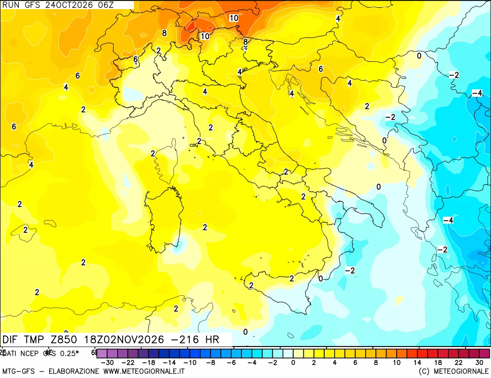 mappa Dif. Temp a 850 hPa Valid - Init