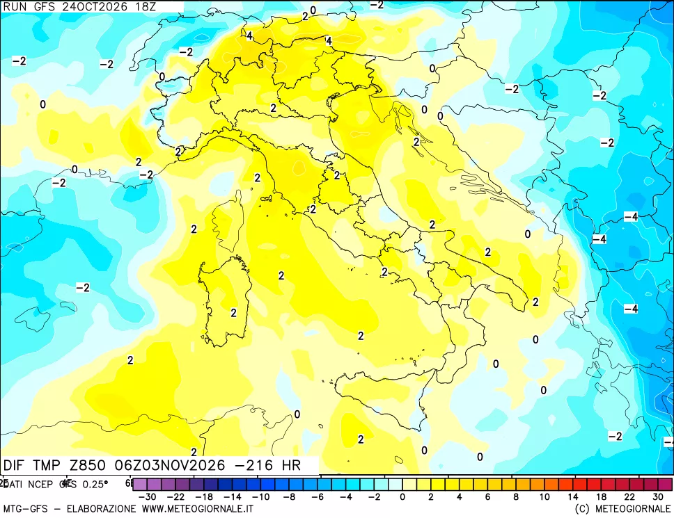 mappa Dif. Temp a 850 hPa Valid - Init
