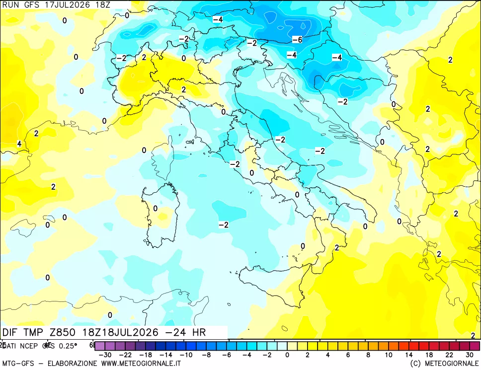 mappa Dif. Temp a 850 hPa Valid - Init