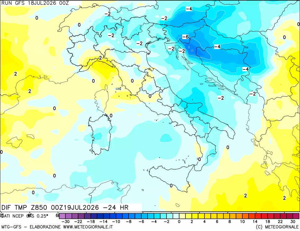 mappa Dif. Temp a 850 hPa Valid - Init