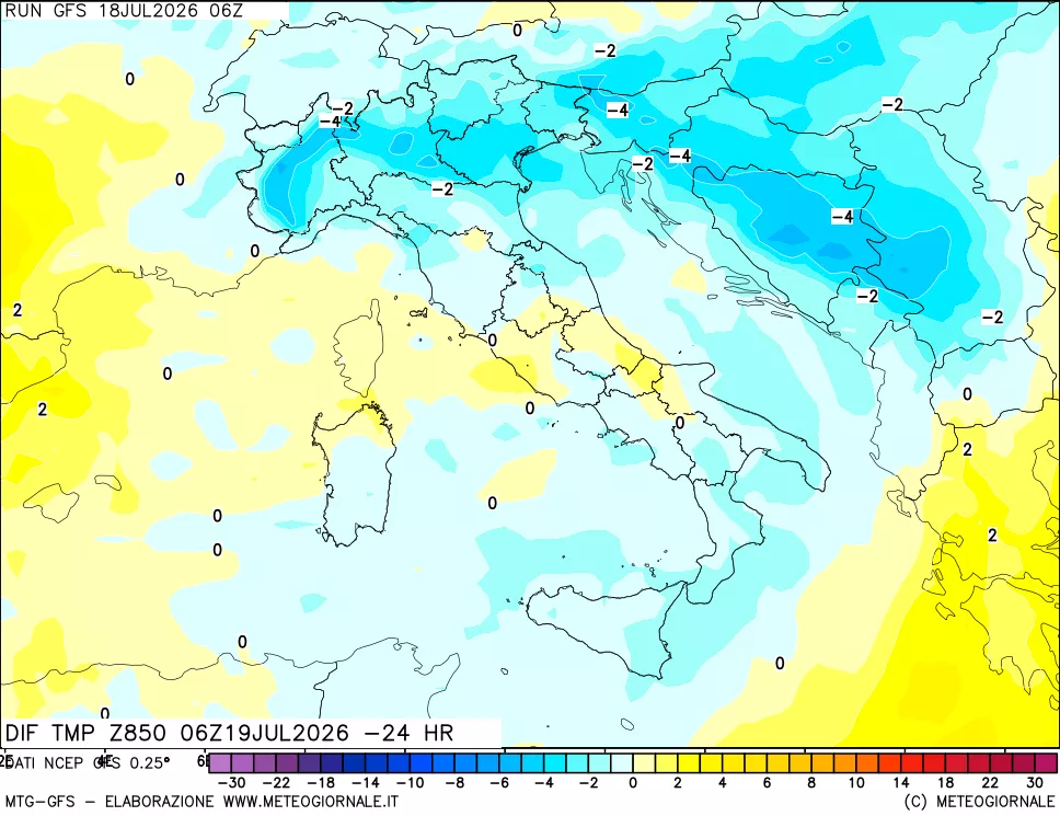 mappa Dif. Temp a 850 hPa Valid - Init