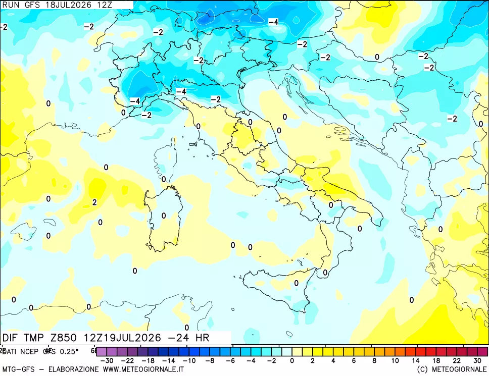 mappa Dif. Temp a 850 hPa Valid - Init
